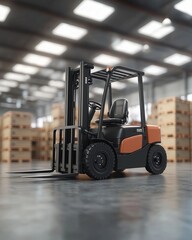 A black and orange forklift parked in a spacious warehouse with wooden pallets in the background.