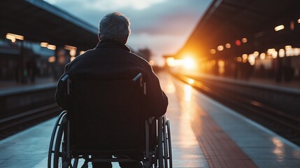 A man in a wheelchair sitting alone at a train station during sunset.