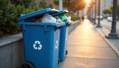 Recycling bins on the street, organized waste disposal, eco-friendly concept, sunset lighting