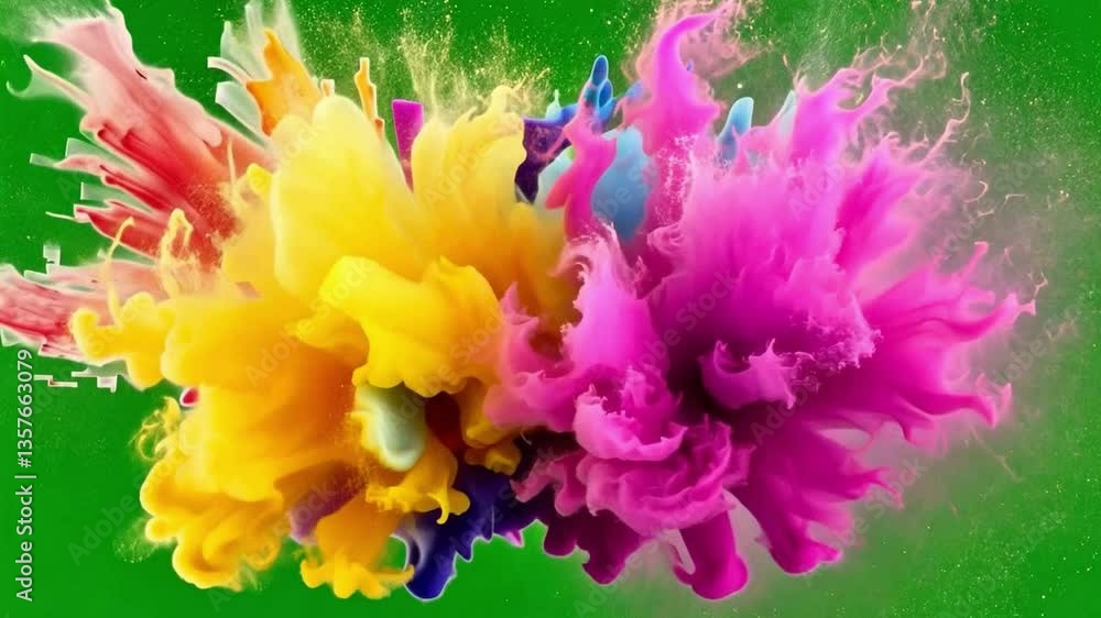 Poster vibrant explosion of colored powder creating a beautiful abstract pattern on a bright green backgrou