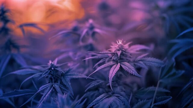 Vibrant Neon Cannabis Leaves Close-Up in Purple Neon Colors. Top view Marijuana colorful plants pattern background