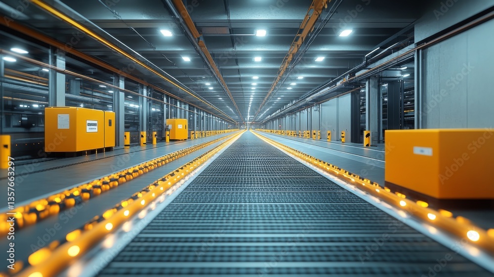 Poster Brightly lit logistics hub features a long, organized conveyor system with orange sorting boxes, emphasizing efficiency in inventory management and distribution processes.