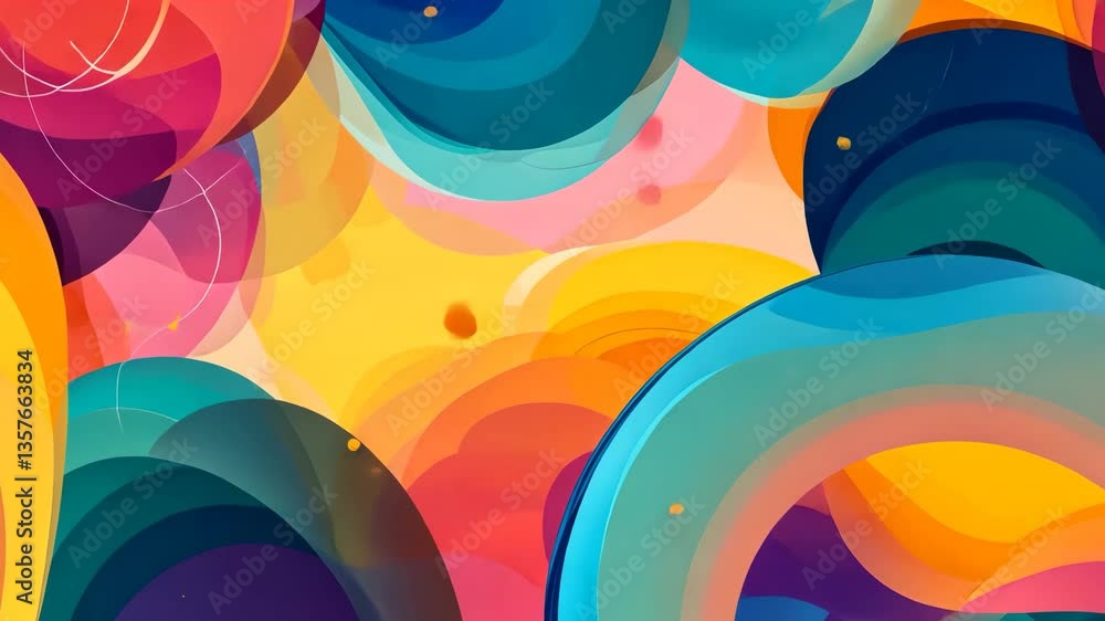 Poster colorful abstract composition of layered circular forms with gradient hues of blue yellow pink and p