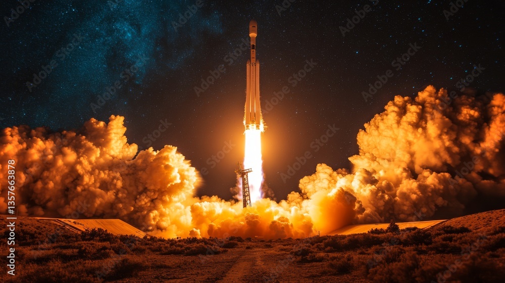 Poster a rocket propels upward from the launchpad during nighttime, emitting a powerful glow as flames and 