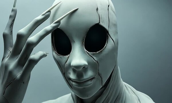 Silver alien figure with large black eyes posing with fingers near head on neutral background. Concept of mystery and extraterrestrial intelligence