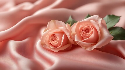 Pink Roses on Soft Fabric, Two pink roses resting on soft, flowing pink fabric, creating a romantic and delicate atmosphere
