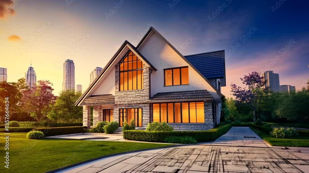 Poster modern residential architecture design blueprint with sunset generative ai