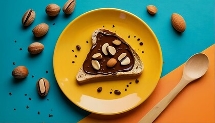 Fototapeta premium A slice of toast with chocolate spread and nuts on top.