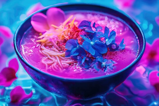 A bowl of vibrant pink soup adorned with flowers and noodles, glowing under colorful neon lights.