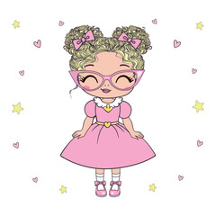 The princess is a sweet little princess. A hand-drawn beautiful, pretty, romantic curly-haired girl Princess. Vector illustration.