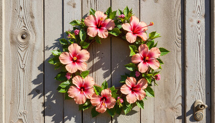 Hibiscus flower wreath on wooden barn door in sunlight, handmade decor