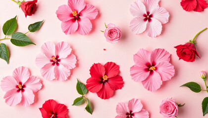 Vibrant hibiscus and rose flatlay arrangement in fashion studio, floral elegance