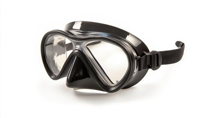 Black diving mask with clear lenses and adjustable strap, isolated on white background. Perfect for underwater