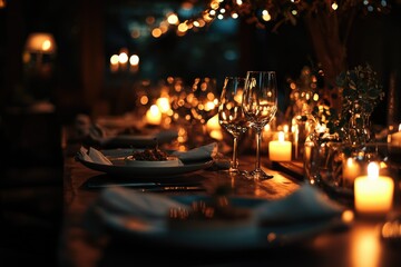 Elegant dining table setting with wine glasses, candles, and warm, inviting lighting creating a cozy ambiance.