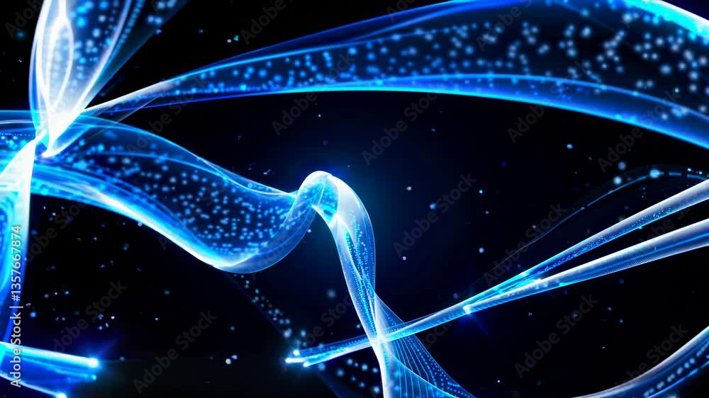 Poster abstract video of glowing blue ribbons with particle effects, captured from a dynamic, flowing angle