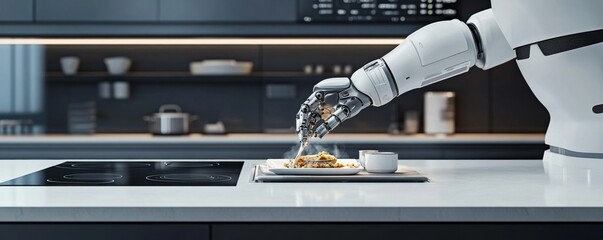 Futuristic robotic cooking demo culinary art in a modern kitchen environment