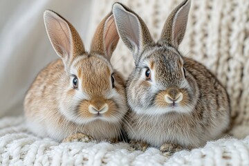 Obraz premium Adorable pair of baby bunnies snuggling on cozy knitted blanket