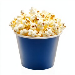 A blue paper cup overflowing with fluffy popcorn against a white background