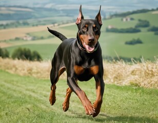 dobermann dog running outdoors  in the countryside, doberman in the nature, guard dog in the meadwon
