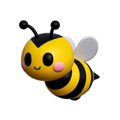 A cute yellow bee cartoon character with a happy smile and black stripes, flying like a bumblebee