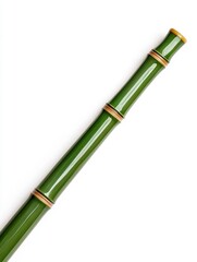 Fototapeta premium Close up of a single, polished green bamboo stalk against a white background. The nodes are visible, showcasing natural
