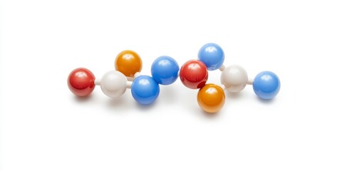 Abstract model of a molecule with colorful spheres connected by thin rods against a white background