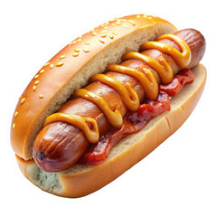 Delicious hot dog with a juicy sausage, ketchup, and mustard, nestled in a sesame seed bun, perfect for a summer barbecue.