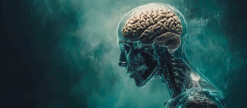 Cabeza humana transparente con cerebro a la vista