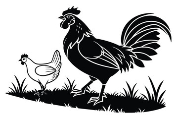 21 Silhouette, rooster, chicken, black and white, minimalist, profile view, standing pose, graphic design, sharp contrast, simplified shape, farm animal, poultry, bold outline, striking image, clean l