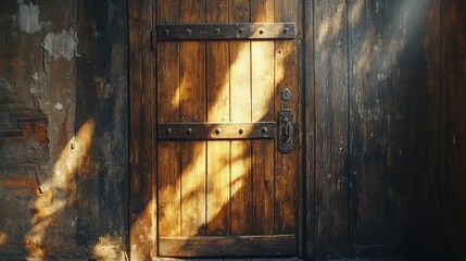 A vintage wooden door covered with iron strips, set within the timeworn wooden walls of an old house, with the warm glow of sunlight shining through the cracks.