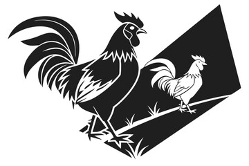 21 Silhouette, rooster, chicken, black and white, minimalist, profile view, standing pose, graphic design, sharp contrast, simplified shape, farm animal, poultry, bold outline, striking image, clean l