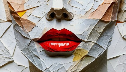 A close-up of a woman's face made entirely out of crumpled paper.