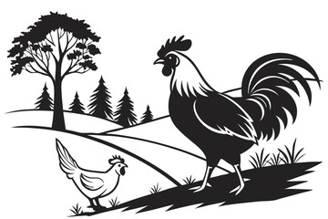21 Silhouette, rooster, chicken, black and white, minimalist, profile view, standing pose, graphic design, sharp contrast, simplified shape, farm animal, poultry, bold outline, striking image, clean l