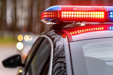 Close-up of a police vehicle's light bar with red and blue lights flashing, creating a dramatic and alert scene. police siren, flashing lights, emergency vehicle