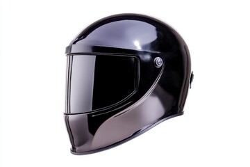 Fototapeta premium Glossy black motorcycle helmet with a tinted visor, shown in a profile view against a white background
