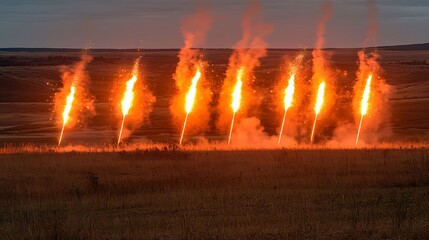 Fototapeta premium Burning flares illuminated on a field at twilight with a dusky sky