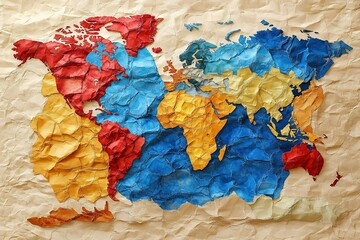 Colorful torn paper world map with vibrant geographic regions depicted creatively