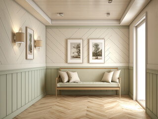 Modern hallway with wainscotting wall panelling in neutral and light sage. Hall with wood panels, minimalist natural wood furniture and artwork on the wall.