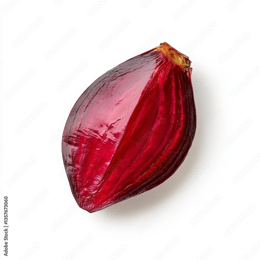 Poster close up view of a halved beet, showcasing its deep red color and moist texture against a plain whit