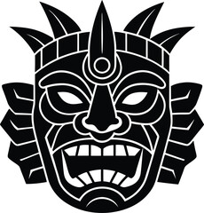 Tribal Tiki Mask in Black and White, Ornate Design, Cultural Motif