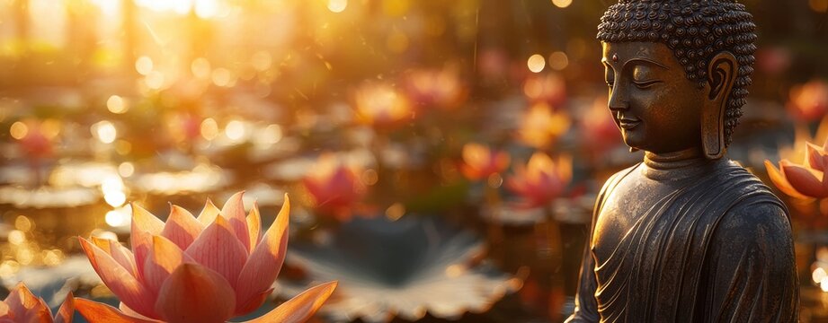 Serene Buddha Statue at Sunset with Lotus Flowers