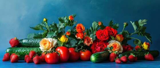 Vibrant harvest of fruits and flowers garden setting bright colors nature's bounty