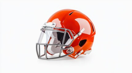 Fototapeta premium Close up view of an orange football helmet with a clear facemask against a white background. The helmet is shiny and