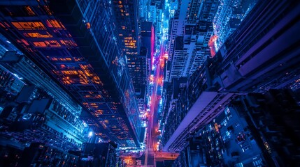 Futuristic cityscape at night.  Towering buildings, vibrant lights, and a bustling urban street below