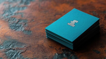 Teal Business Cards with Embossed Logo on Rustic Background