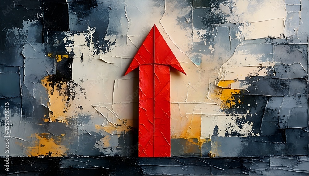 Aufkleber an abstract painting with an arrow pointing up on a textured background.