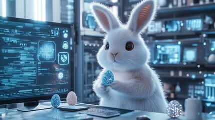Easter Bunny in a digital workspace, working on advanced AI solutions with Easter elements integrated into the tech environment