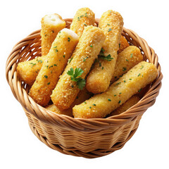 A basket of crispy golden cheese sticks garnished with parsley, perfect as an appetizer or snack.