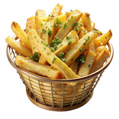 A delicious serving of golden, crispy French fries garnished with fresh parsley in a stylish wire basket.