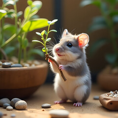 Obraz premium Adorable Hamster with a Leaf